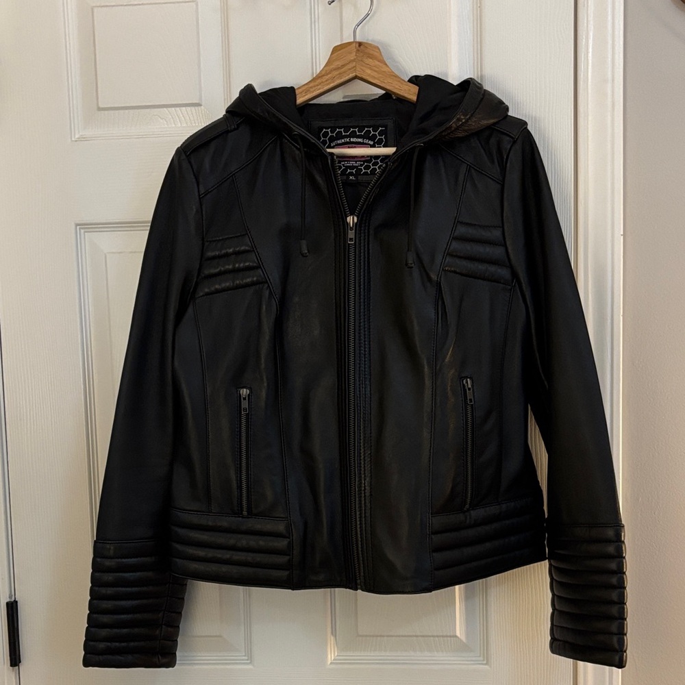 MFG First Co Black Hooded Leather Moto Women's Jacket - XL